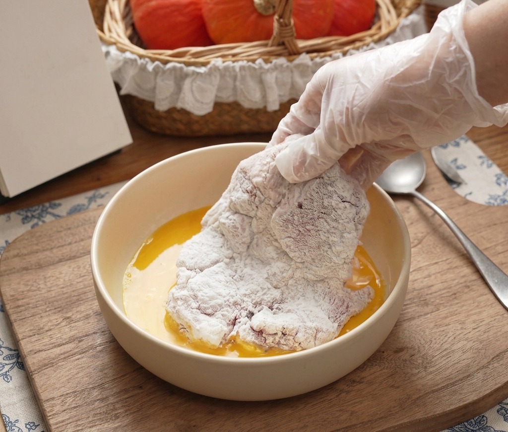 A gloved hand dipping a white, floured pork steak into a bowl of yellow beaten eggs.
