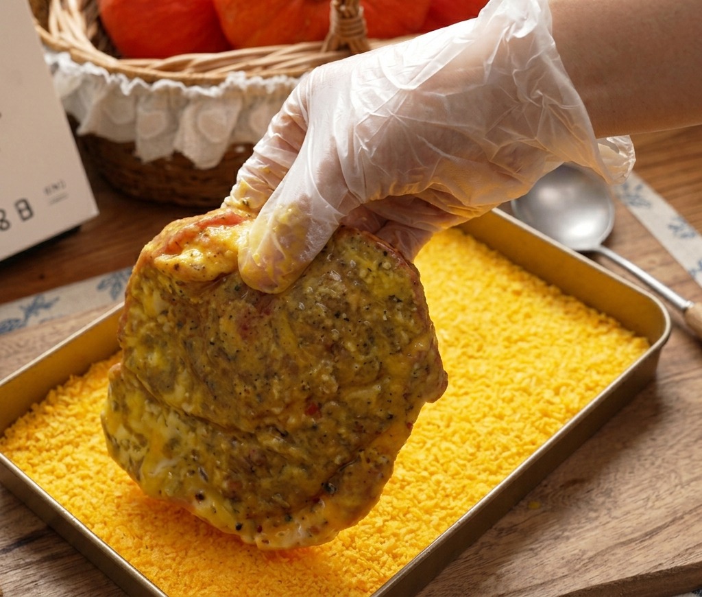 A gloved hand pressing a breaded pork steak into a shallow tray filled with vibrant yellow panko breadcrumbs.