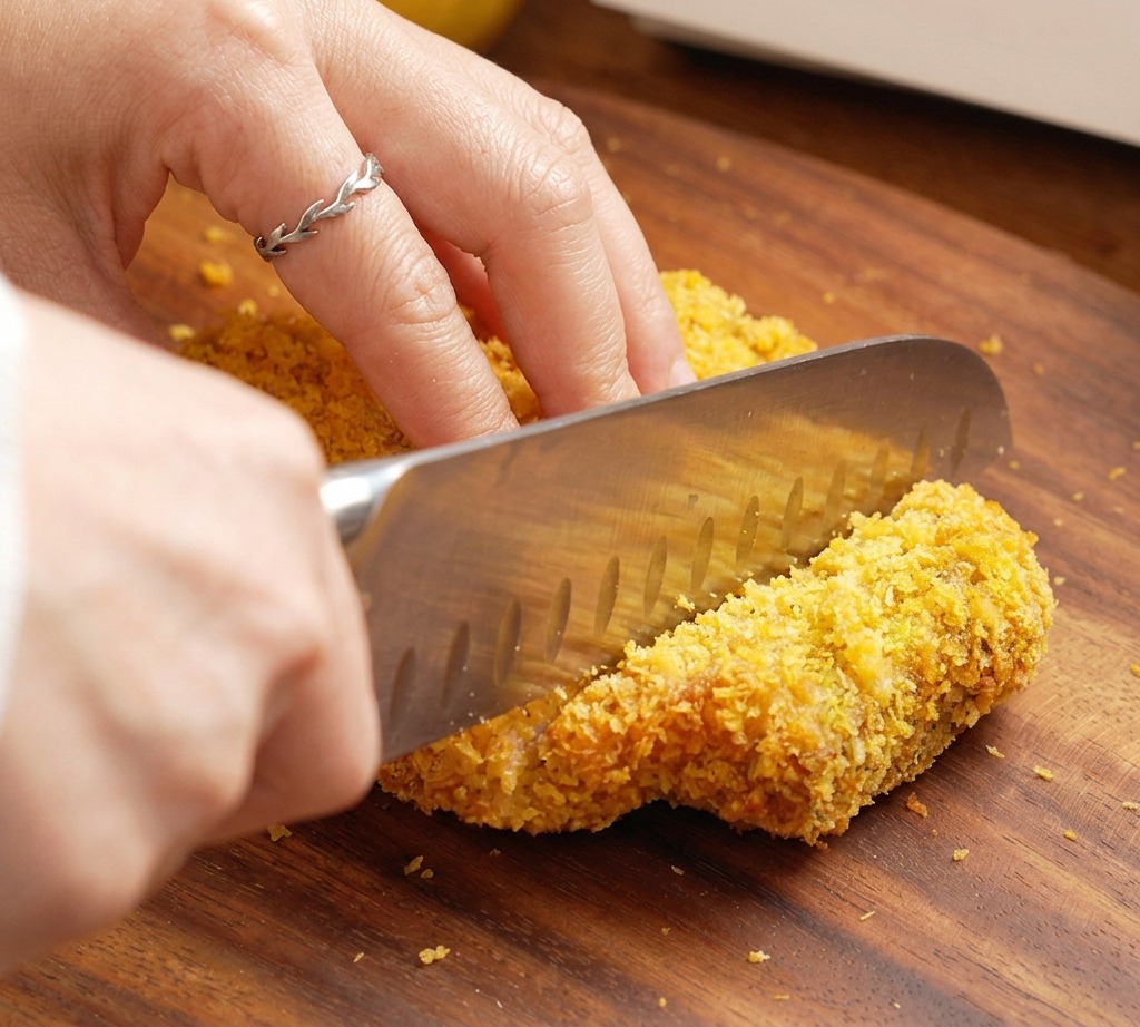 A close-up of a serrated knife slicing through a thick, crispy, golden-yellow breaded pork cutlet on a wooden surface.