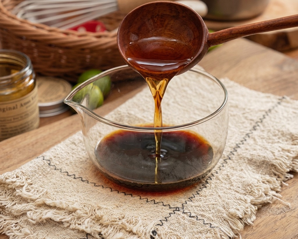 A wooden ladle pouring a dark liquid sauce into a clear glass bowl sitting on a rustic beige cloth.