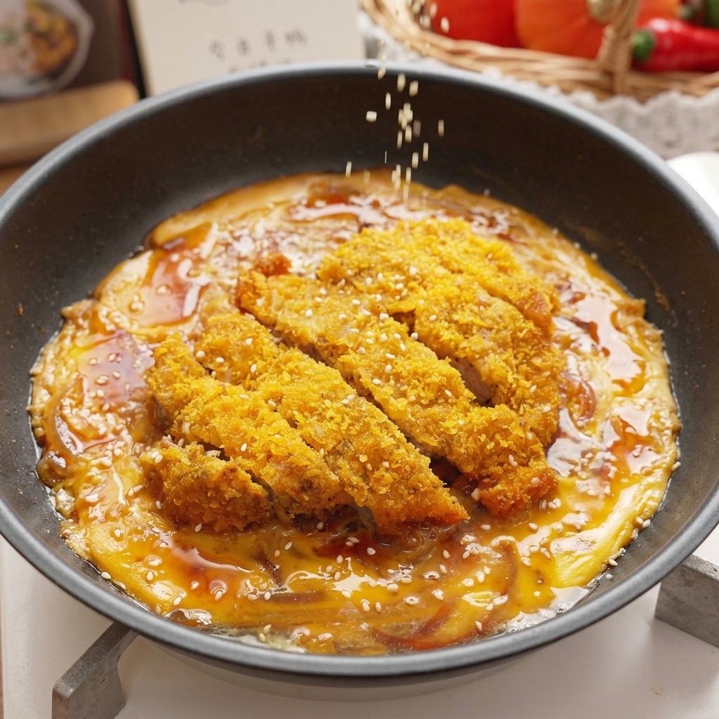 Toasted white sesame seeds being sprinkled over a finished pan of pork cutlet and soft-cooked eggs in a savory brown sauce.