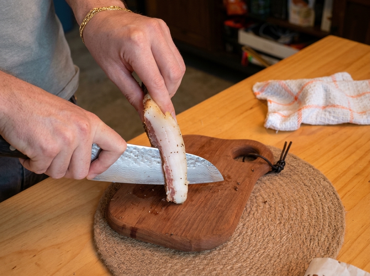 Hands slicing a piece of cured guanciale into thick strips on a wooden board.