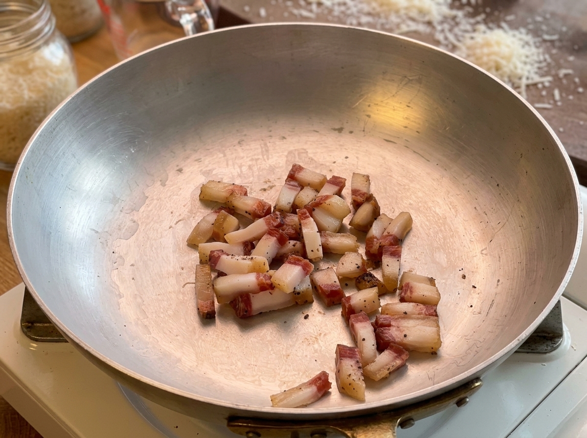 Sliced guanciale cooking in a silver pan, releasing its rendered fat.