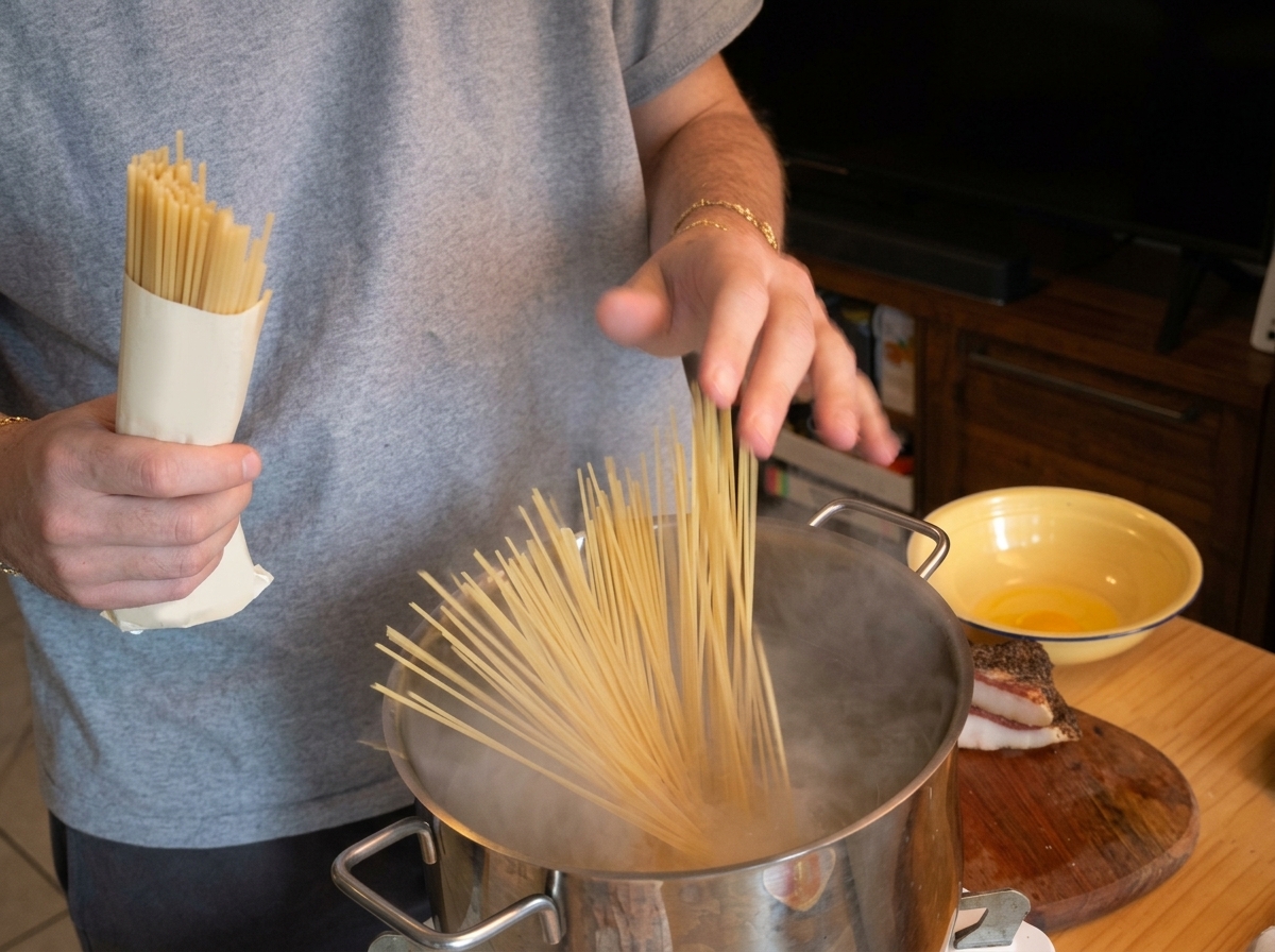 Hands dropping a handful of long dry spaghetti into a steaming pot of boiling water.