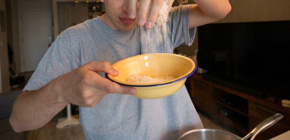 Grated cheese falling into a yellow bowl with egg yolks.