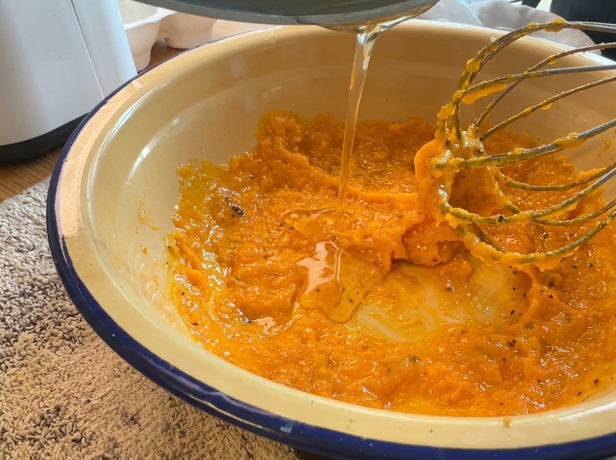 Clear rendered fat being poured into a vibrant yellow egg and cheese paste while whisking.