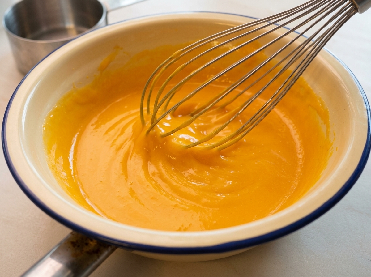 Whisking a bright yellow, creamy egg and cheese mixture in a bowl.