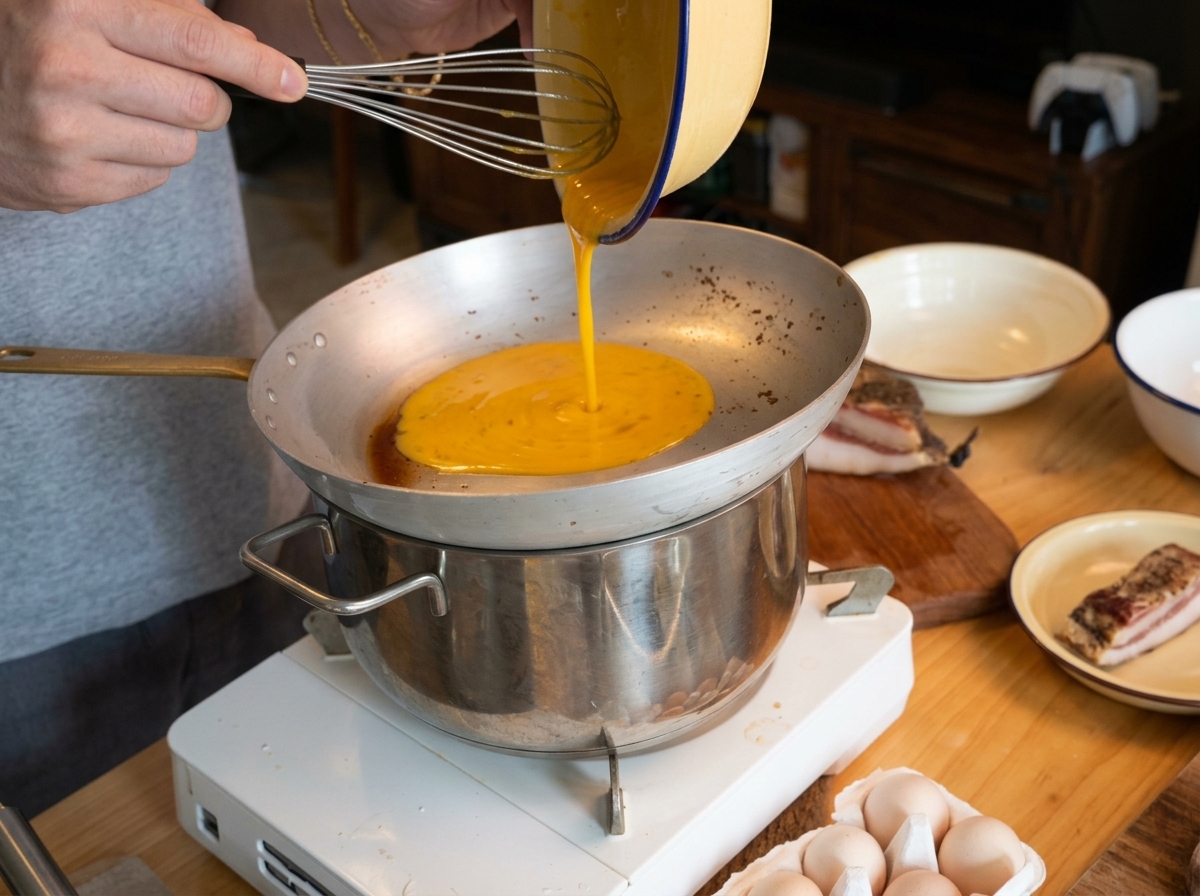 Pouring a rich yellow creamy sauce from a bowl into a pan set over a steaming pot of water.