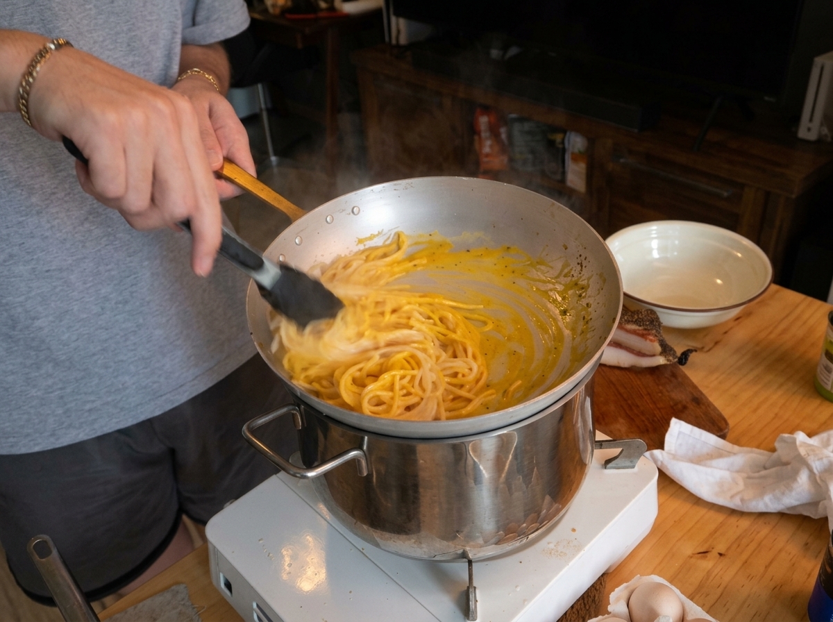 Vigorously tossing spaghetti in a creamy sauce inside a pan resting over a pot of hot water.