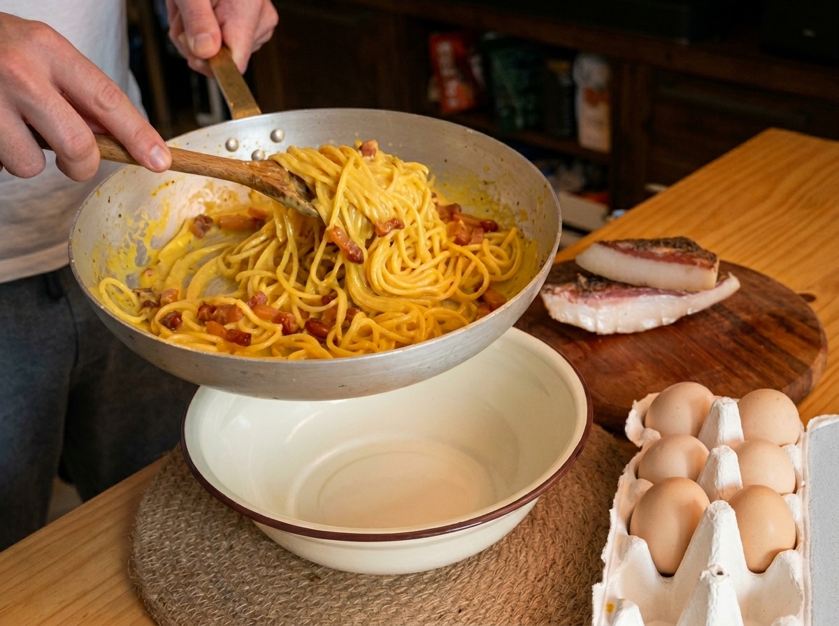 Transferring creamy spaghetti and crispy guanciale pieces from a pan into a white serving bowl.
