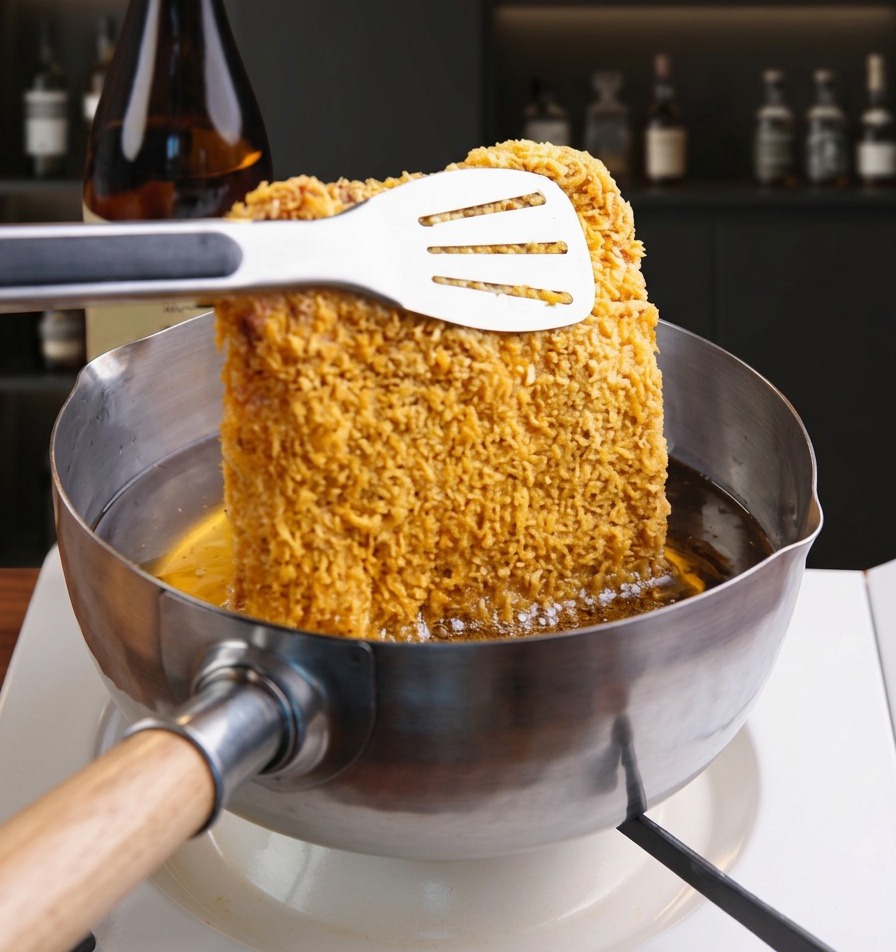 A breaded pork cutlet being lowered into a pot of hot, bubbling frying oil using a spatula and tongs.
