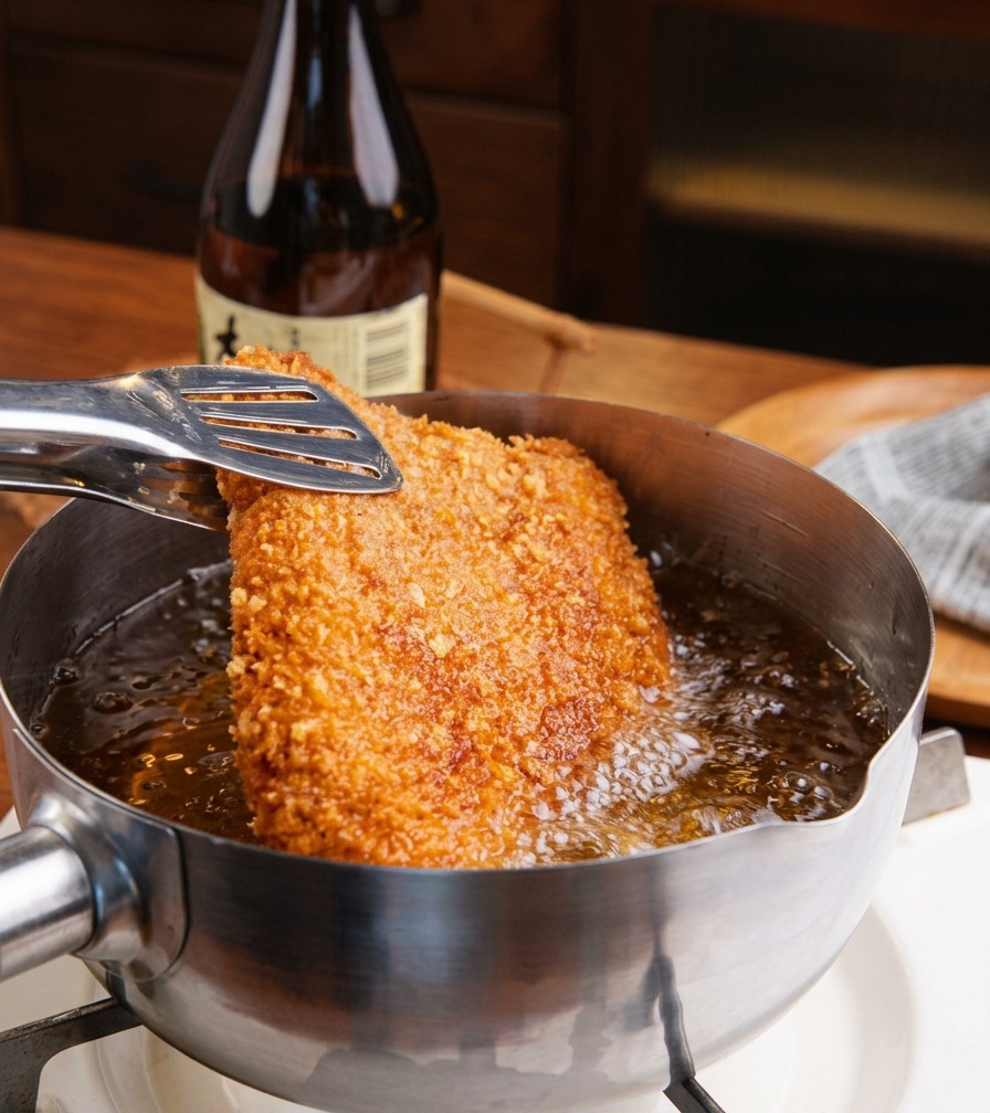 A golden-brown breaded pork cutlet being lifted from a pot of hot frying oil using metal tongs.