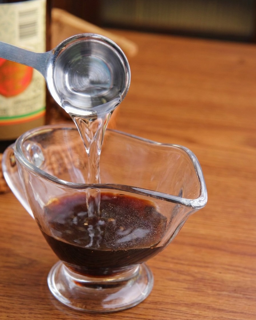 Clear liquid being poured from a stainless steel measuring spoon into a pitcher containing dark soy sauce.