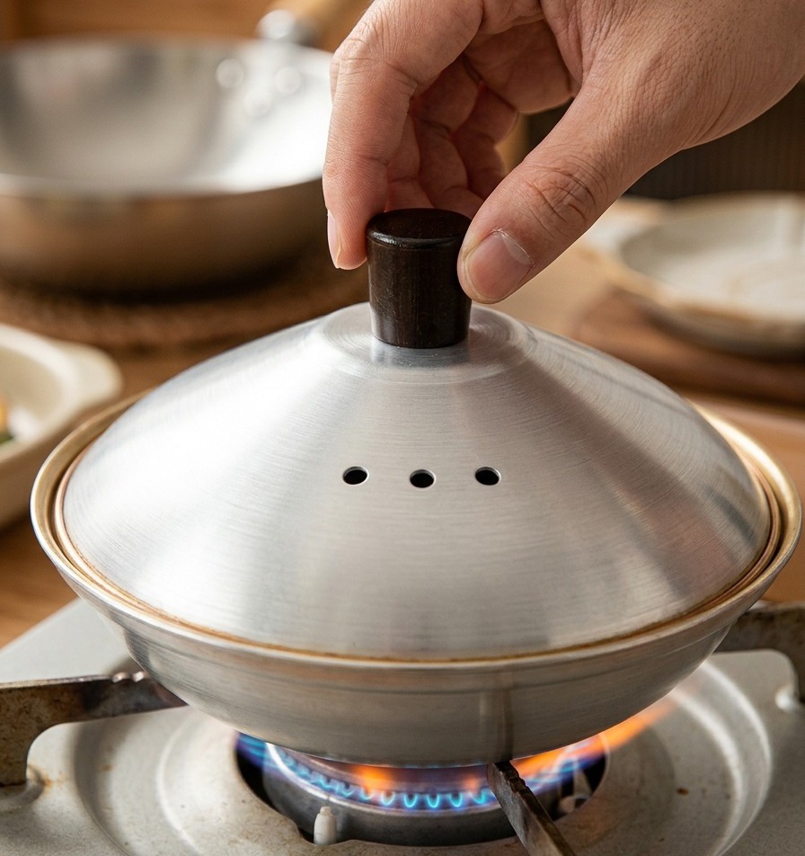 A person placing a round metal lid onto a small specialized cooking pan sitting on a lit gas stove burner.