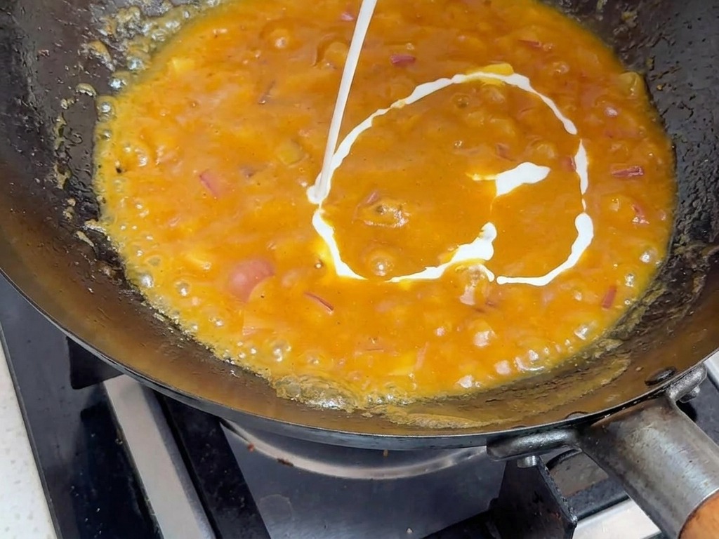 White coconut milk being poured from a carton into a thick, bubbling orange curry sauce in a black wok.