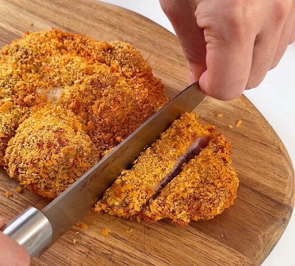 A crispy, golden-brown pork cutlet being sliced into thick pieces on a light-colored wooden cutting board.