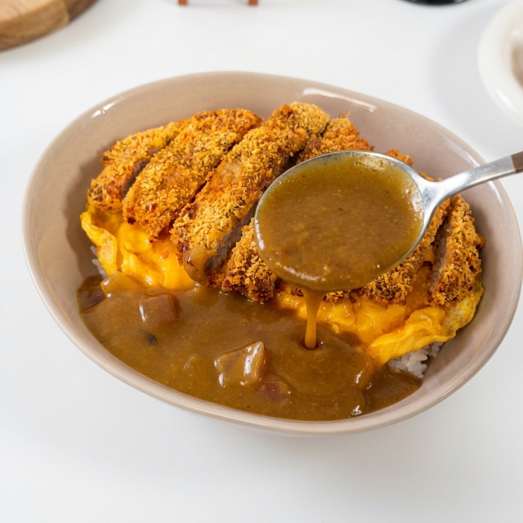 A silver spoon pouring thick, dark brown curry sauce into a bowl containing rice, an omelet, and a breaded pork cutlet.