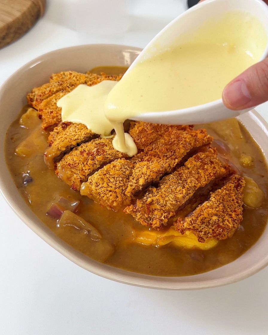 Creamy white sauce being drizzled from a small white bowl onto a sliced breaded pork cutlet topped with curry.