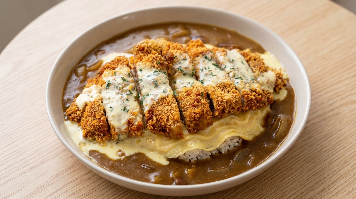 Japanese Curry Pork Cutlet with Coconut Cheese Sauce & Omurice