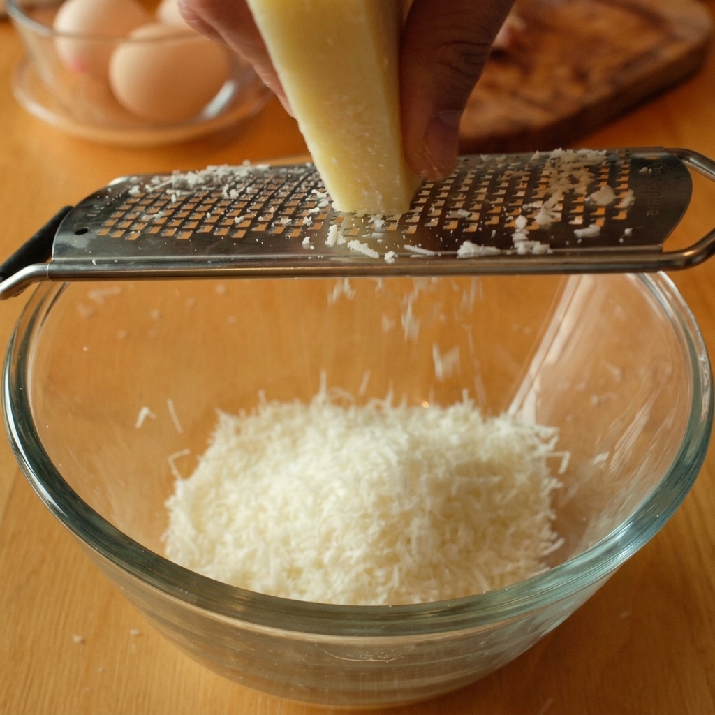 A hand holding a block of Pecorino Romano cheese over a metal grater, raining fine cheese shavings into a clear glass bowl.
