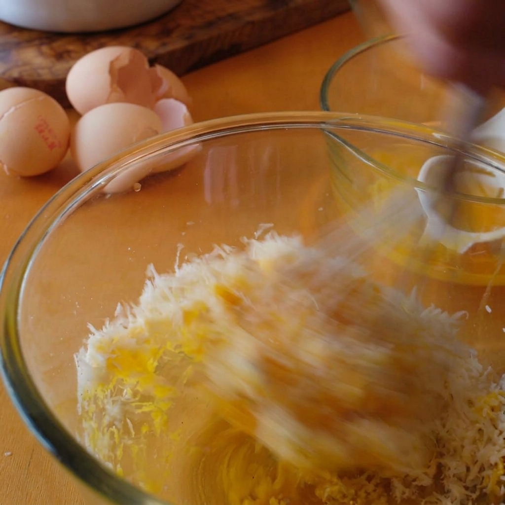 A wire whisk rapidly mixing grated cheese and bright orange egg yolks into a thick paste in a glass bowl.