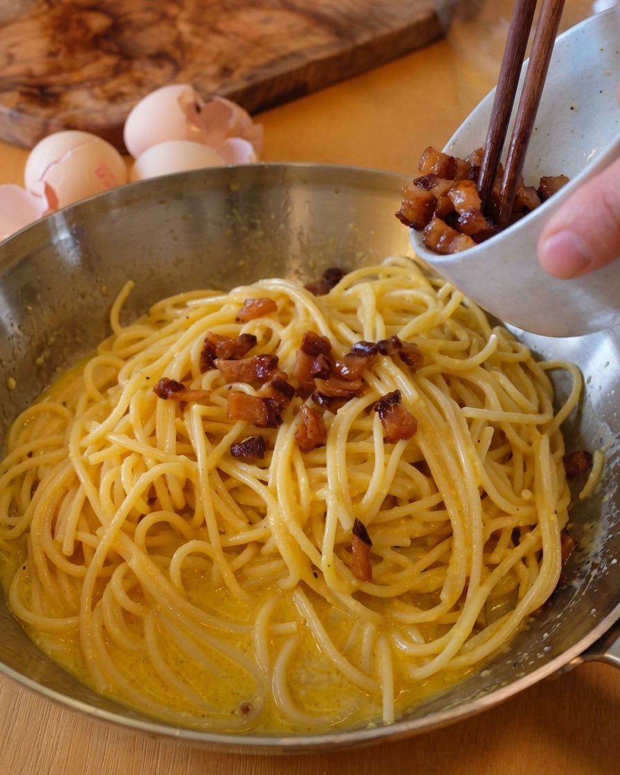 Adding crispy fried guanciale pieces from a small bowl into the pan of creamy Carbonara.