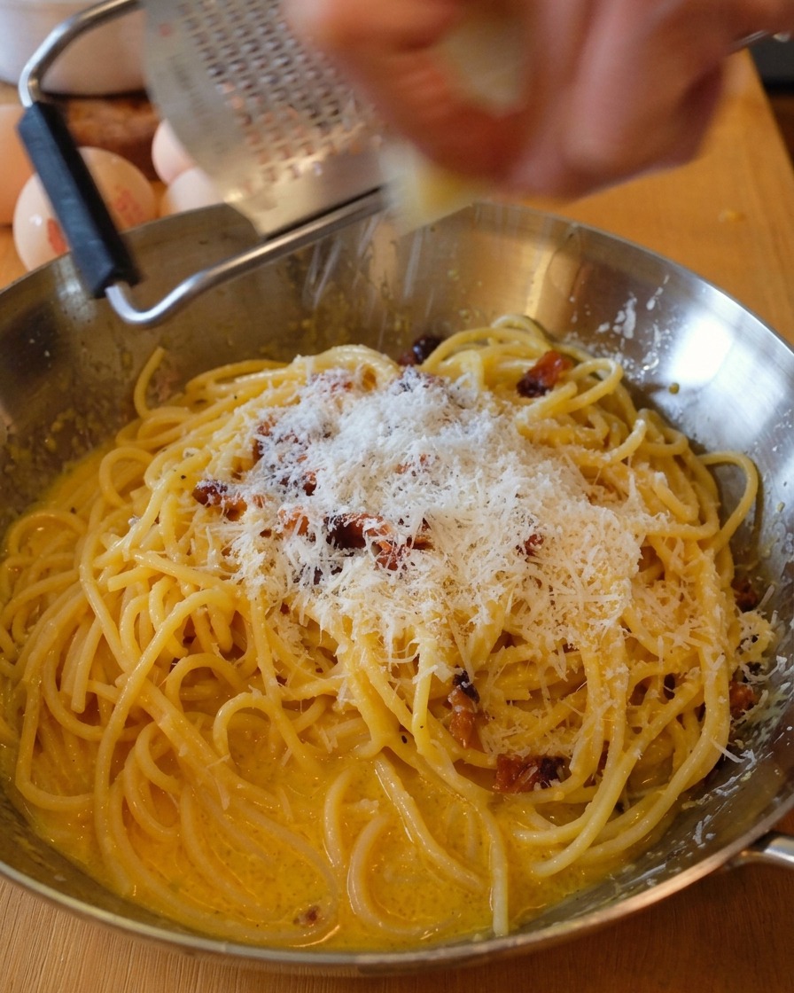 Grating fresh Pecorino Romano cheese over a pan of creamy Carbonara pasta.