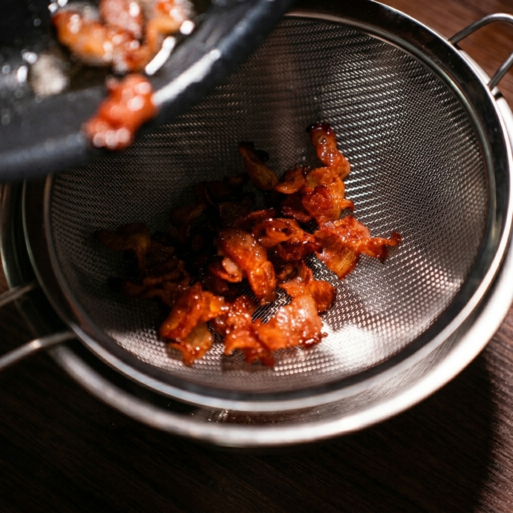 Pouring crispy cooked bacon and its rendered fat from a dark pan through a fine metal strainer into a bowl below.