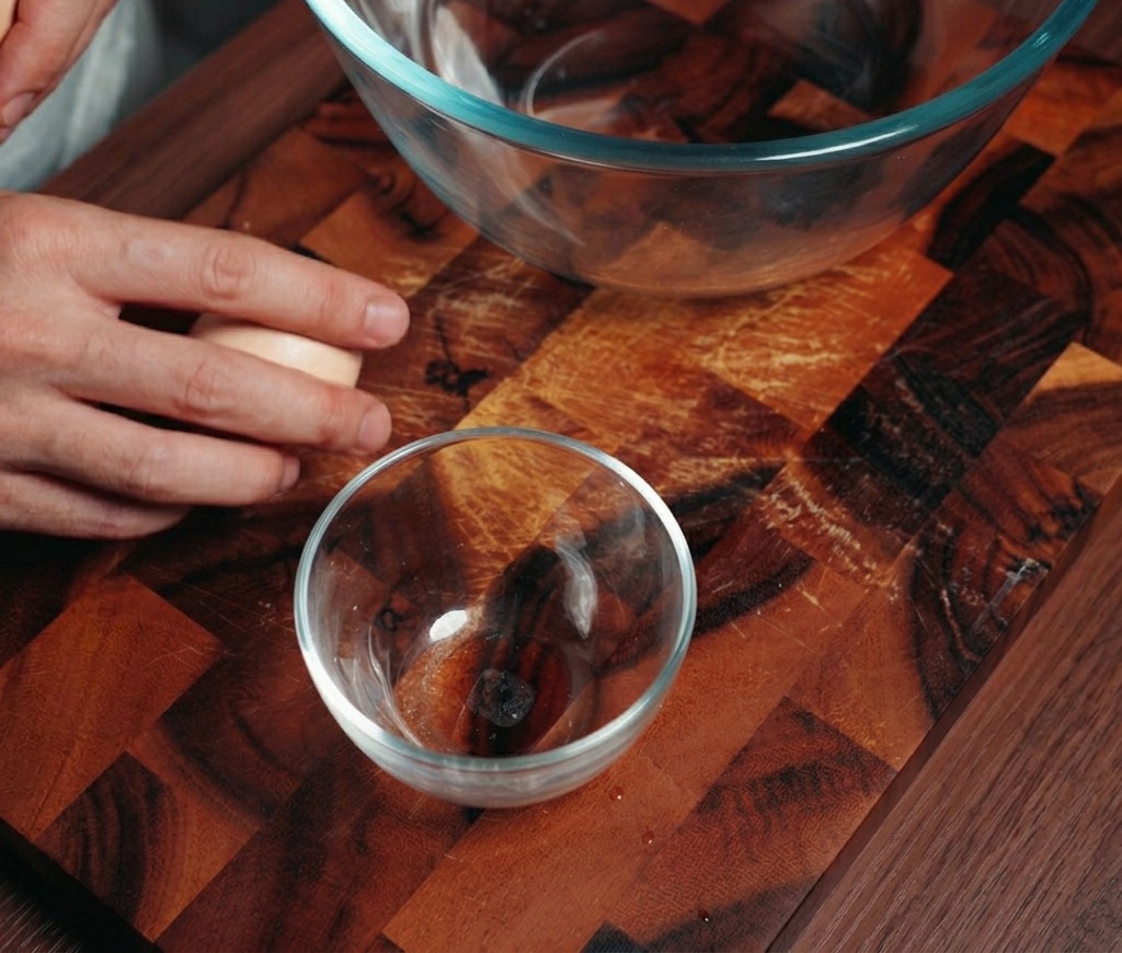 A person cracking an egg over a clear glass bowl, carefully holding the yolk in one half of the shell.