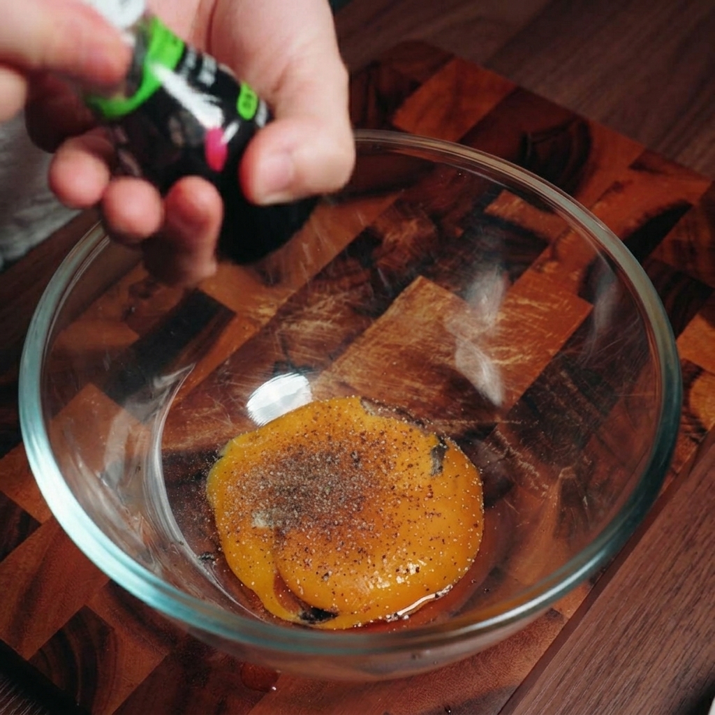 Hands grinding fresh black pepper into a glass bowl containing bright orange egg yolks.