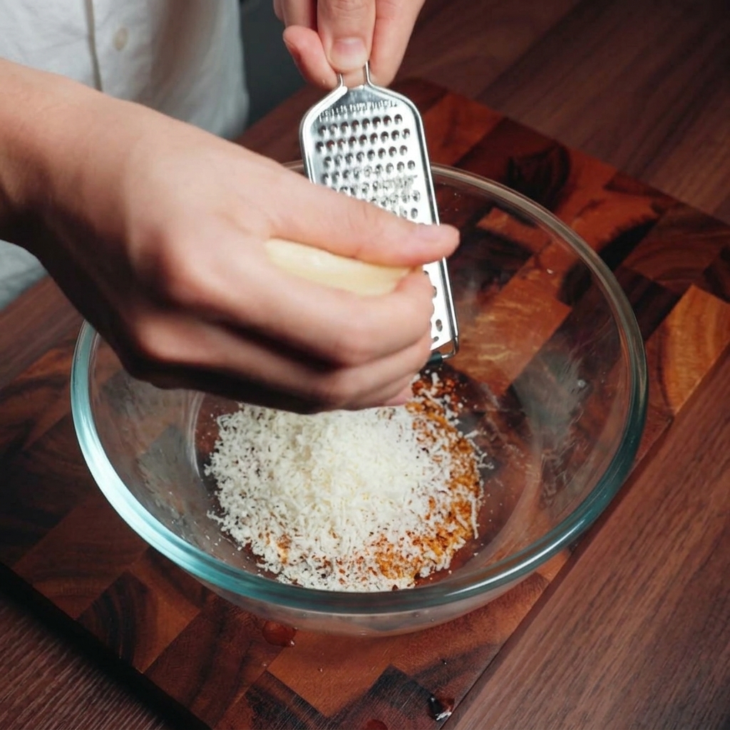 A hand grating a block of Parmesan cheese using a microplane into a glass bowl with egg yolks and pepper.