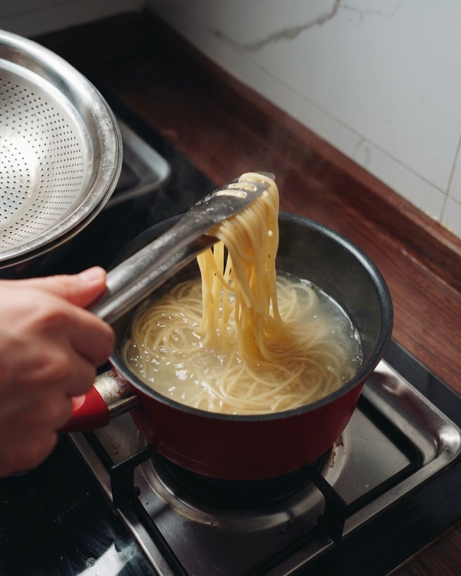 A hand using metal tongs to lift steaming spaghetti noodles out of a pot of boiling water.