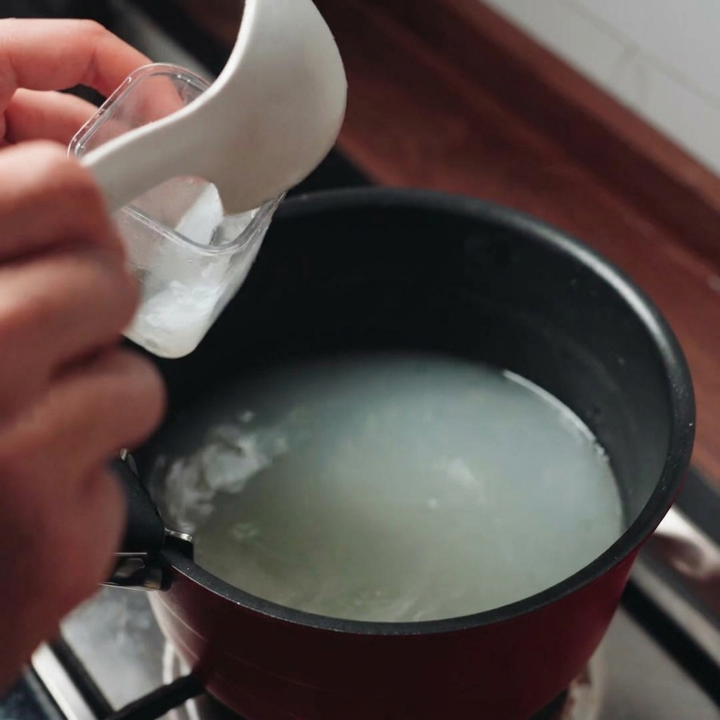 A hand using a small plastic measuring cup to scoop cloudy, starchy pasta water from a pot.