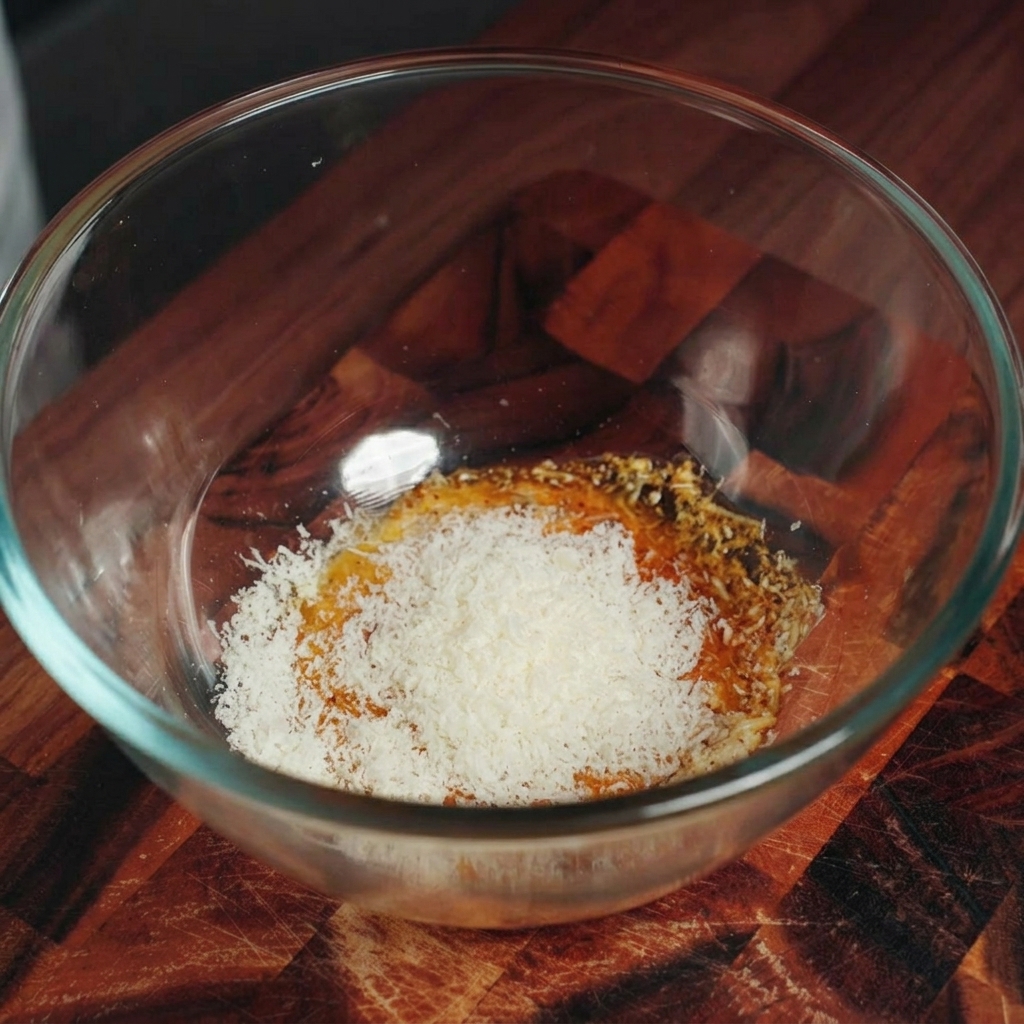 A glass mixing bowl containing egg yolks, freshly ground black pepper, grated Parmesan cheese, and bacon grease.