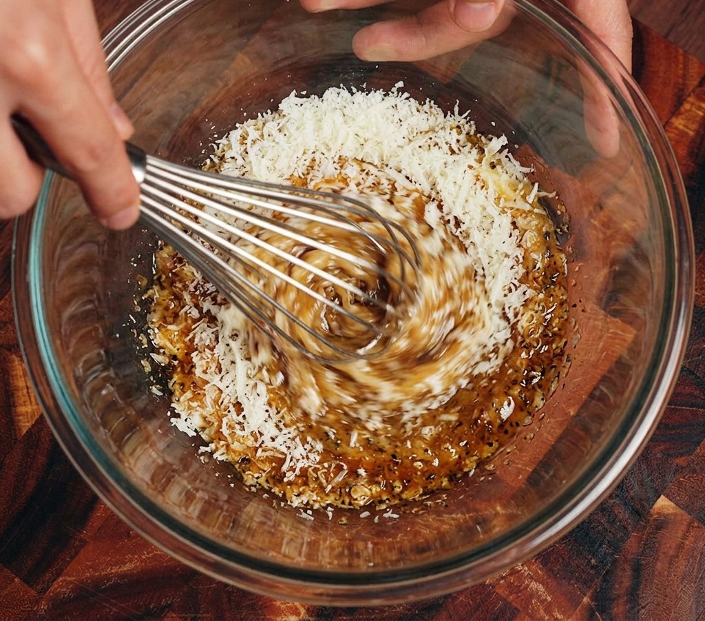 A close-up shot of hands whisking egg yolks and shredded Parmesan cheese in a glass bowl into a thick yellow paste.