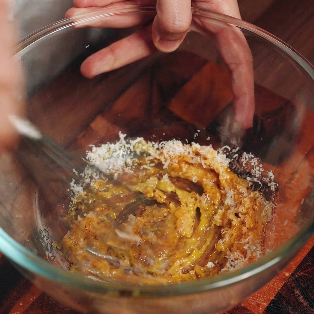 A hand using a wire whisk to actively mix egg yolks, grated cheese, and bacon fat in a large clear glass bowl.