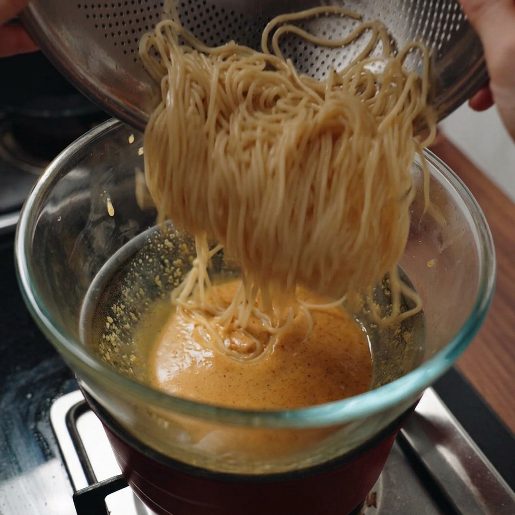 Transferring hot cooked spaghetti from a metal strainer into a glass bowl of creamy egg sauce sitting over a pot of steaming water.