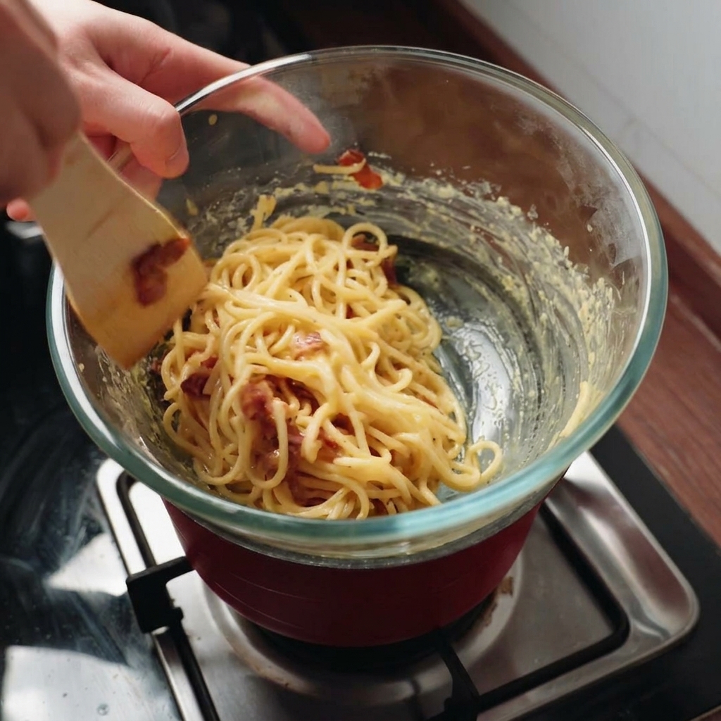 Stirring spaghetti and crispy bacon pieces in a creamy carbonara sauce over a gentle water bath using a wooden spatula.