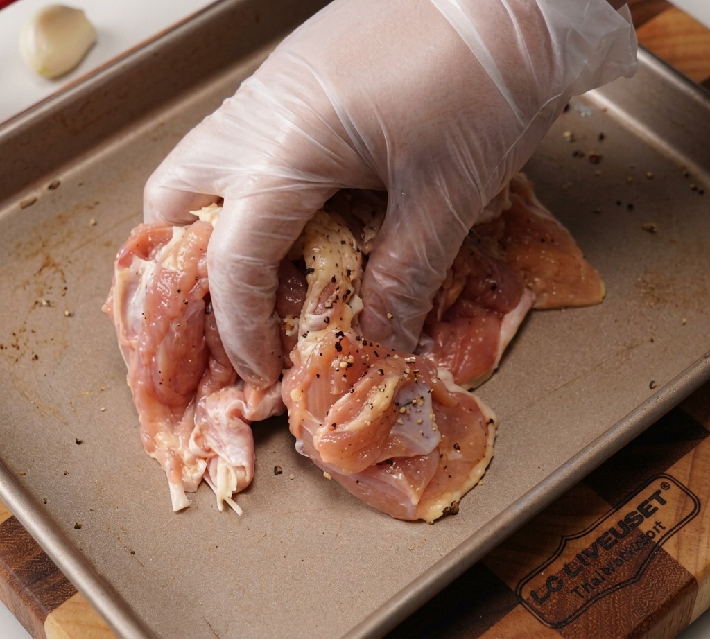 A hand in a clear plastic glove tossing and mixing raw chicken thighs with seasonings on a metal tray.