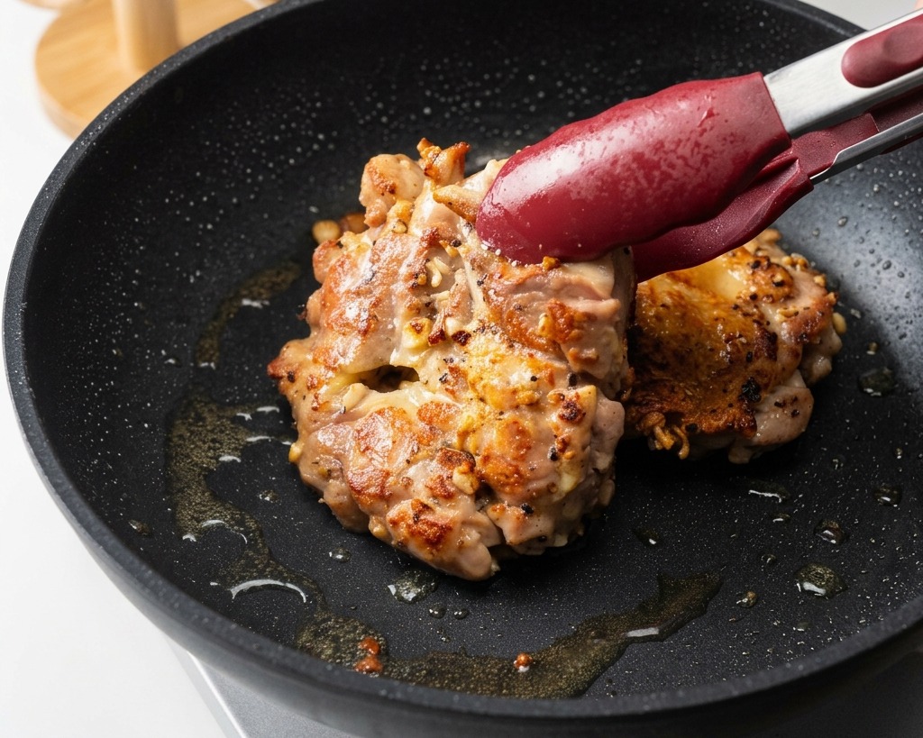 Chicken thighs being flipped with red-tipped tongs in a dark frying pan, showing a beautifully browned and crispy seared skin.