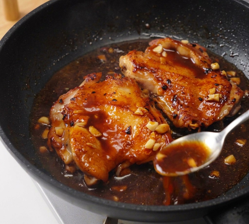 Two golden-brown chicken thighs simmering in a glossy dark sauce while being basted with a spoon.