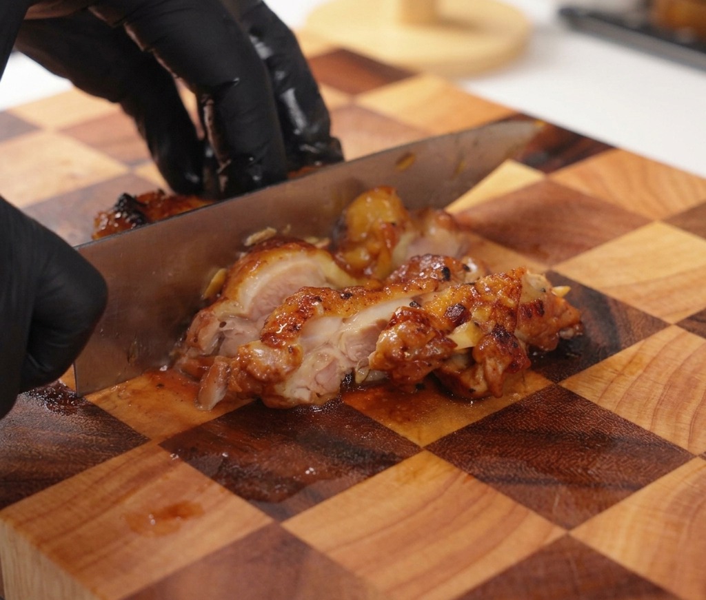 A person wearing black gloves using a large knife to slice into a glazed, dark-brown cooked chicken thigh on a checkered wood board.