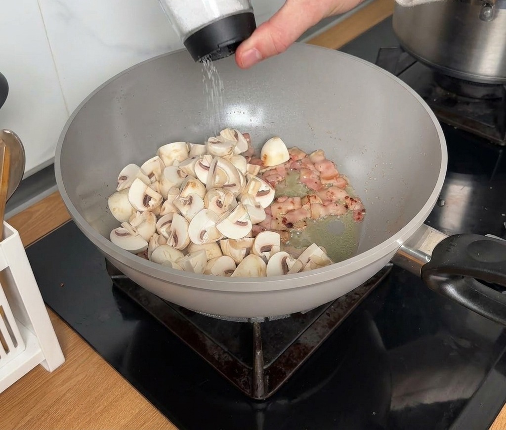 A hand seasoning sauteed mushrooms and bacon in a grey wok.