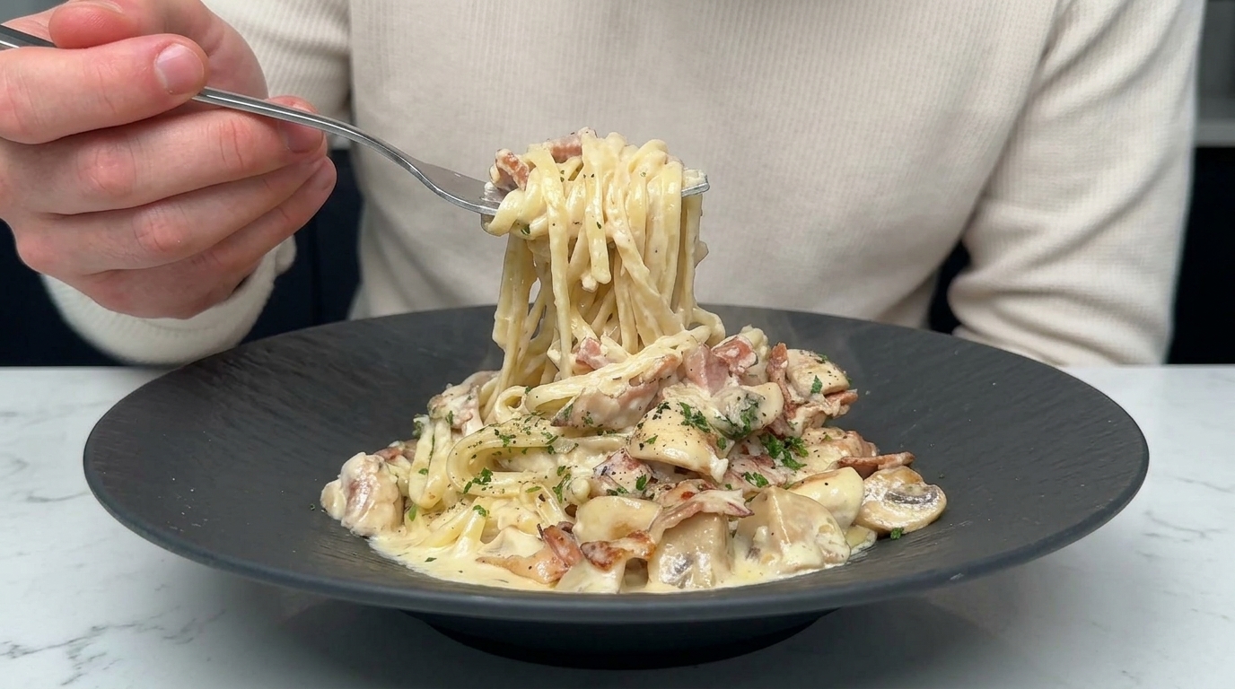 Thick Creamy Bacon and Mushroom Linguine