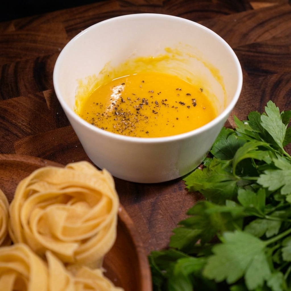 A bowl containing a smooth yellow egg and cheese mixture topped with coarse grains of freshly ground black pepper.