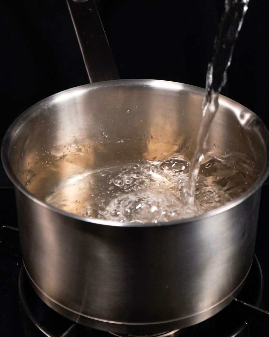 Clear water being poured continuously into a large, empty stainless steel pot.