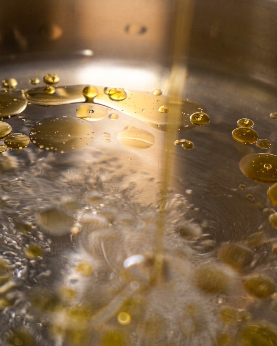 Golden droplets of olive oil floating on the surface of simmering water.