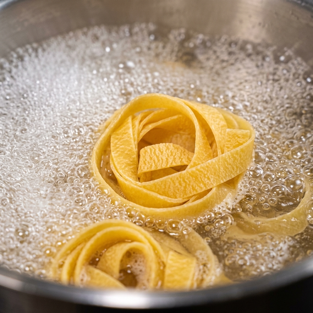 A rolled nest of dry tagliatelle pasta bubbling vigorously in a pot of boiling water.