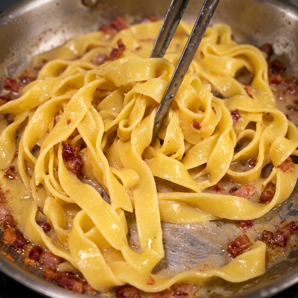 Metal tongs mixing cooked tagliatelle noodles with crispy bacon bits and a rich sauce in a skillet.