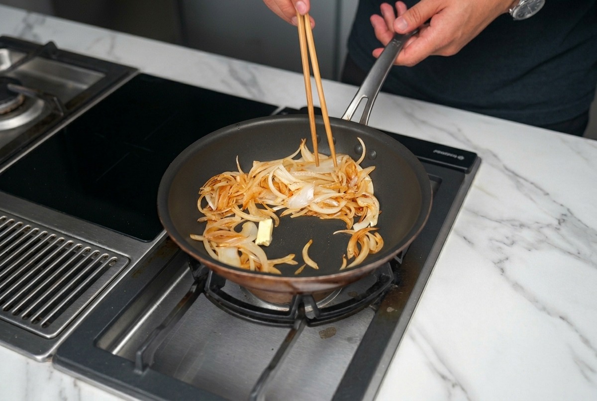 Sliced onions being stir-fried with chopsticks in a dark pan, tossing with a piece of melting butter.
